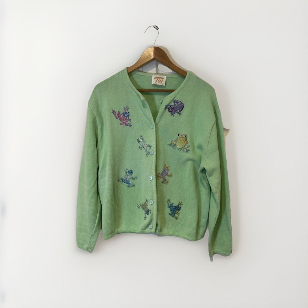 Vtg Tia Womens Grandma Cardigan Sweater Size L Frogs Mint Green Grannycore